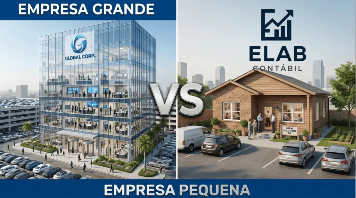 Comparação entre empresa grande com prédio corporativo e pequena empresa representada por uma casa