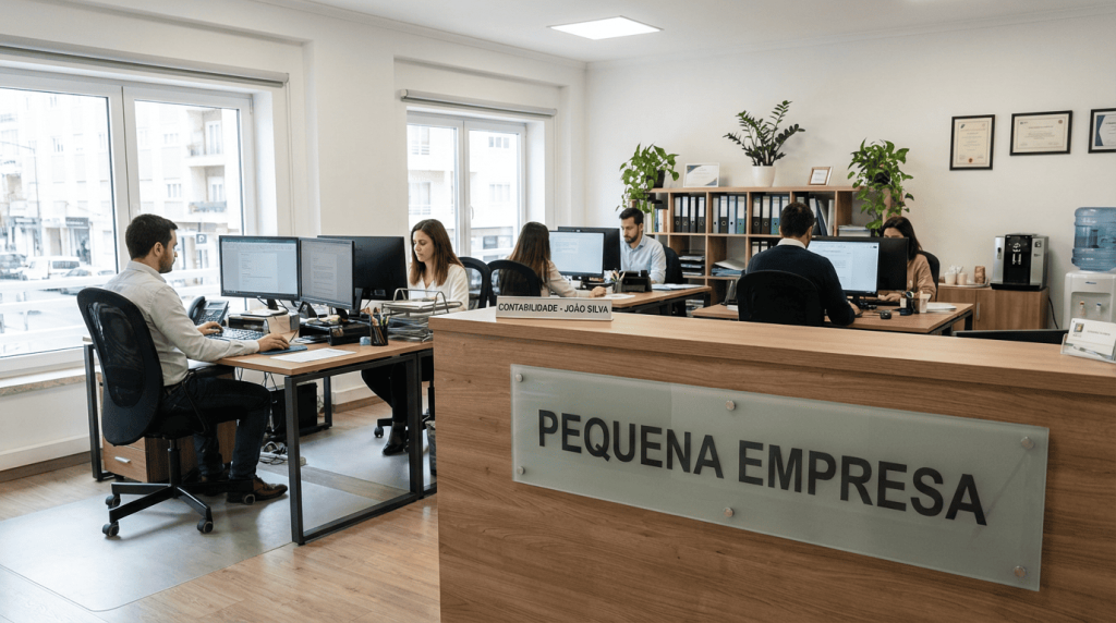 Pessoas trabalhando em escritório de pequena empresa, com recepção destacada