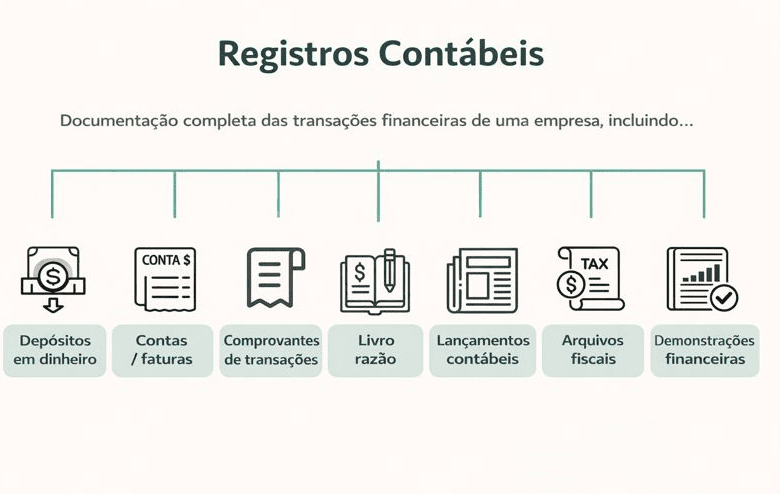 Infográfico mostrando etapas dos registros contábeis de uma empresa