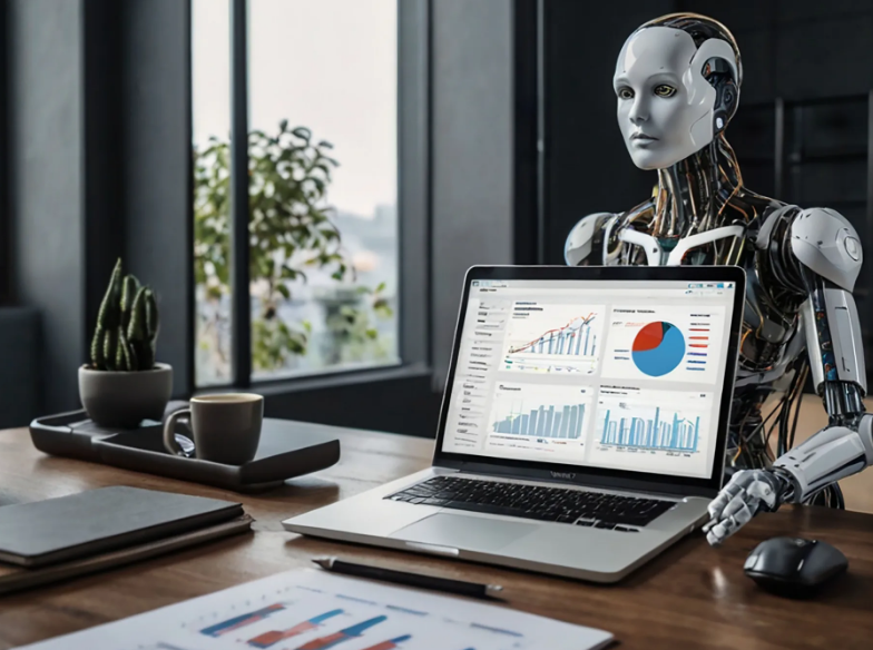 Robô usando notebook representando o papel da inteligência artificial na contabilidade moderna