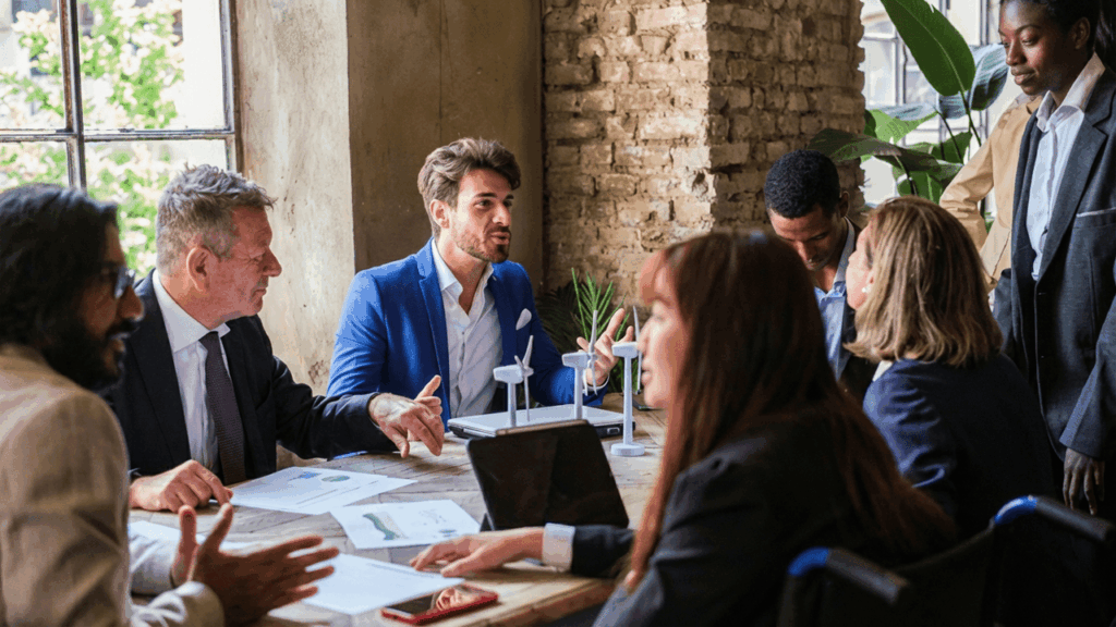 Grupo de empresários reunidos em reunião de negócios, representando planejamento estratégico e tomada de decisão