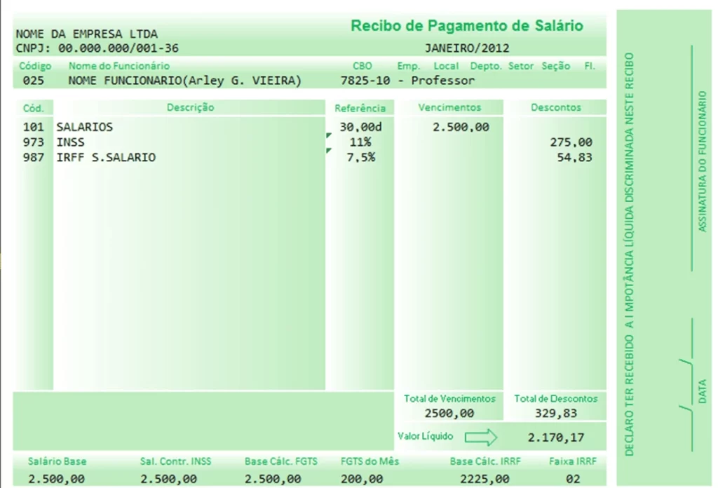 Folha de pagamento com layout verde mostrando salários e descontos