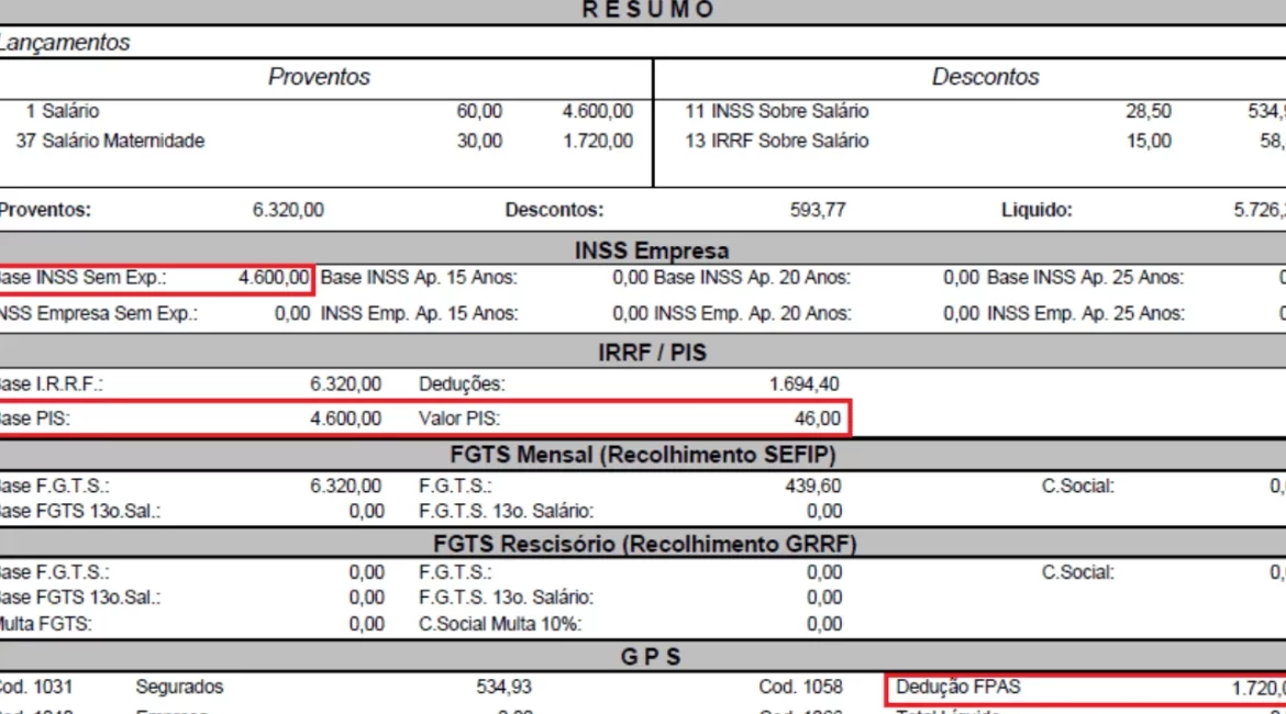 Print de uma folha de pagamento detalhando salários, descontos e benefícios