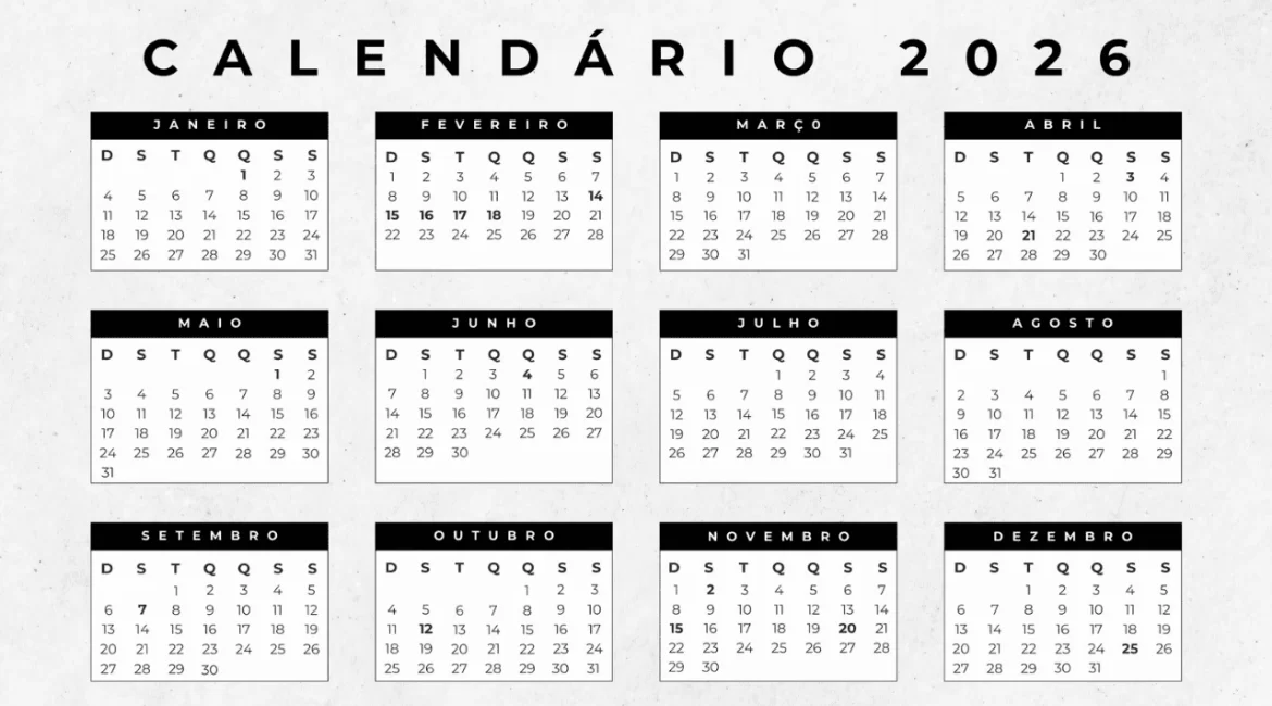 Calendário de 2026 com datas de tributos e obrigações fiscais sendo analisado.