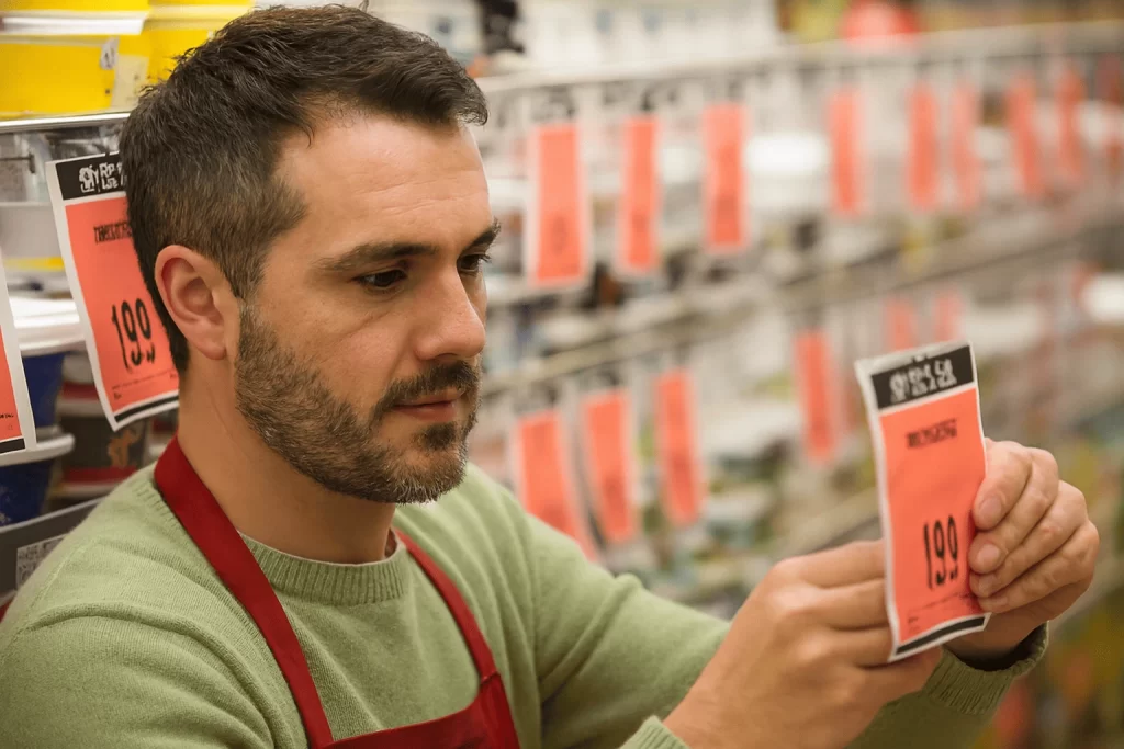Funcionário de supermercado colocando etiquetas de preço nas prateleiras para organização e clareza ao cliente.
