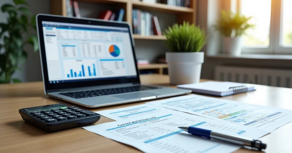 Profissionais de contabilidade analisando relatórios e documentos para gestão fiscal da empresa.