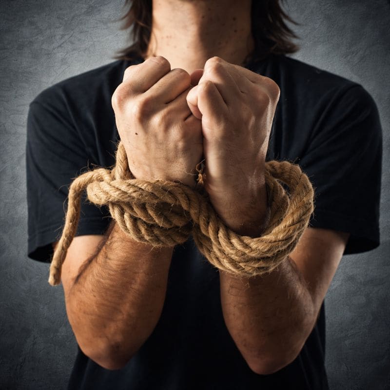 Mãos masculinas amarradas com corda simbolizando restrição ou limitação.
