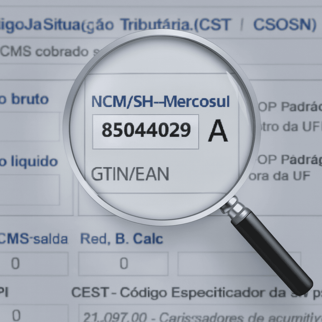 Campo do NCM destacado em nota fiscal eletrônica exibida na tela do computador.