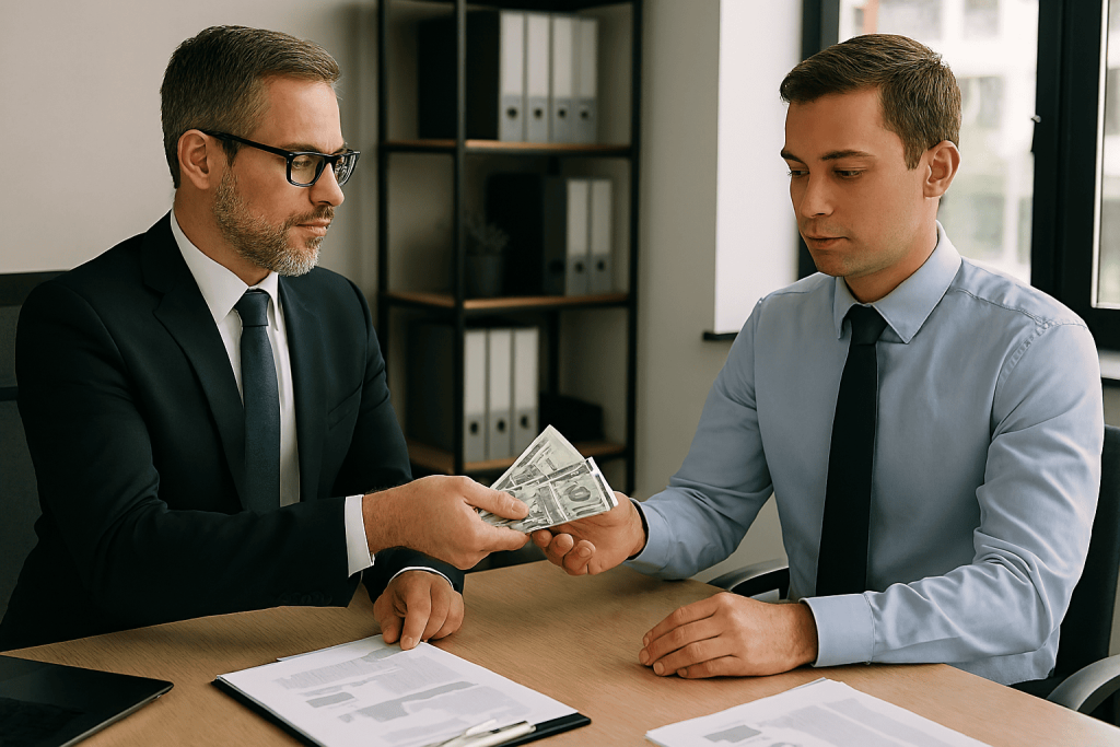Patrão entregando o salário ao funcionário em sala de escritório.