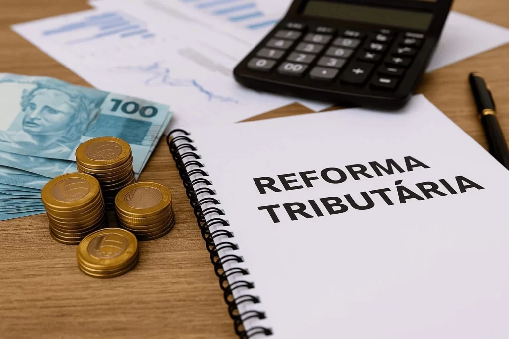 Reforma Tributária representada por documentos fiscais e cálculos, indicando mudanças nas regras de impostos