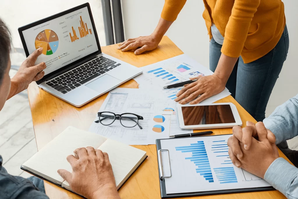 Equipe empresarial analisando relatórios contábeis em escritório moderno.