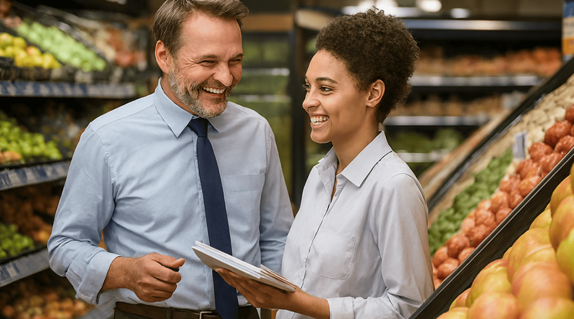 Gerente sênior e mulher com tablet analisando informações no setor de frutas do supermercado