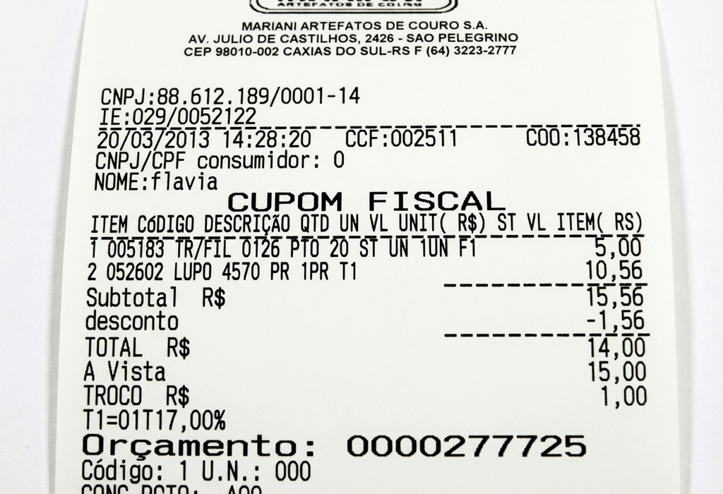 Cupom fiscal emitido no ponto de venda, representando registro da compra e cumprimento das obrigações fiscais