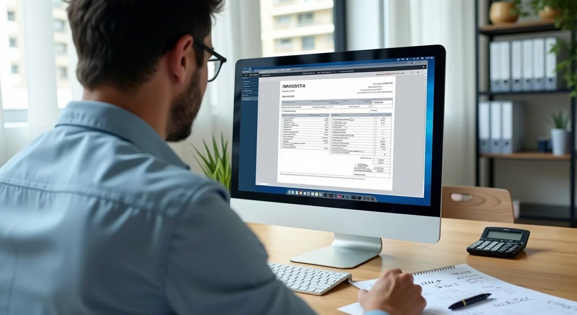 Empresário analisando CFOP em notas fiscais no computador do escritório.