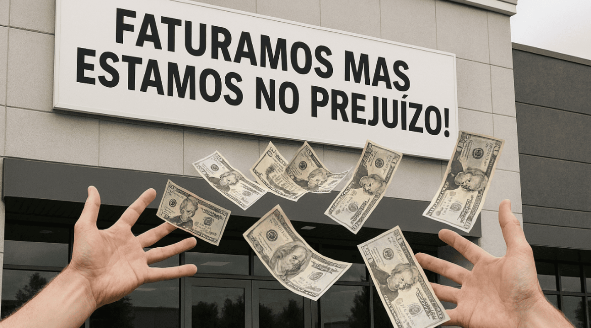 Fachada de empresa com a frase “Faturamos, mas estamos no prejuízo” e notas de dólar voando.
