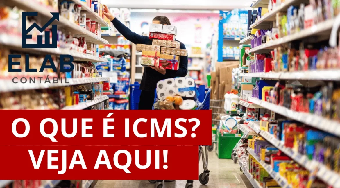 Carrinho de mercado cheio de produtos, representando o ICMS aplicado sobre bens de consumo