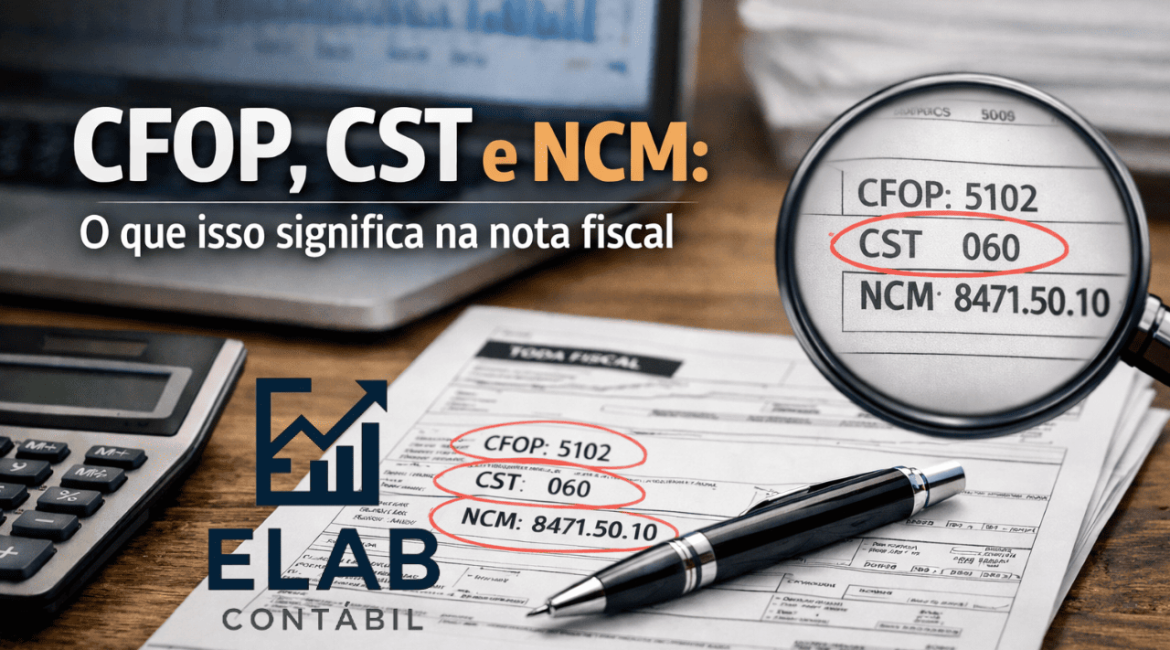 Profissional analisando nota fiscal com códigos CFOP, CST e NCM destacados na tela do computador.