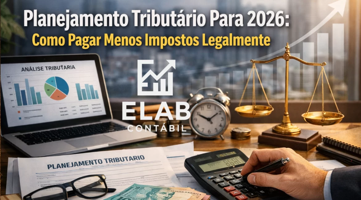 Empresário analisando documentos fiscais, planilhas e cálculos contábeis durante o planejamento tributário para pagar menos impostos em 2026