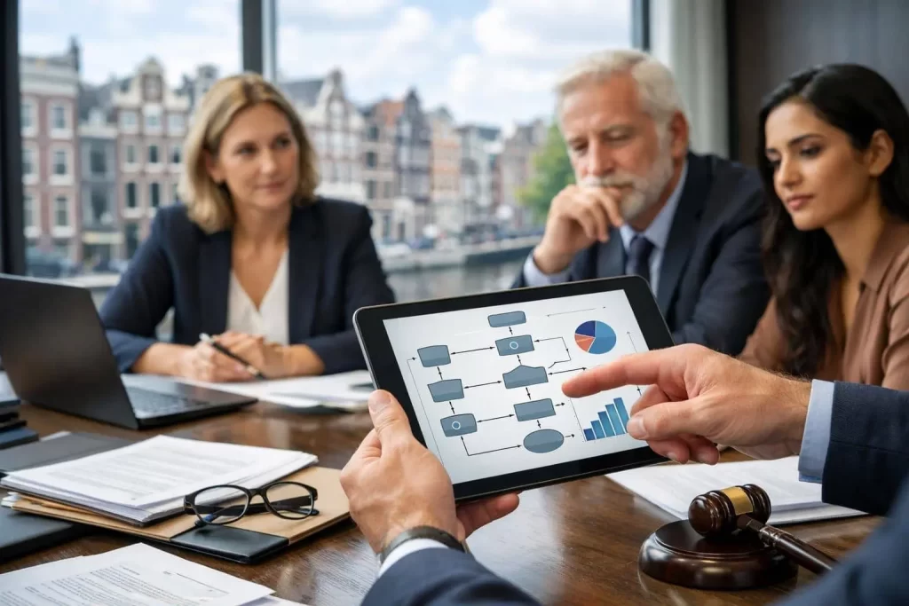 Empresário analisando decisão administrativa com documentos fiscais